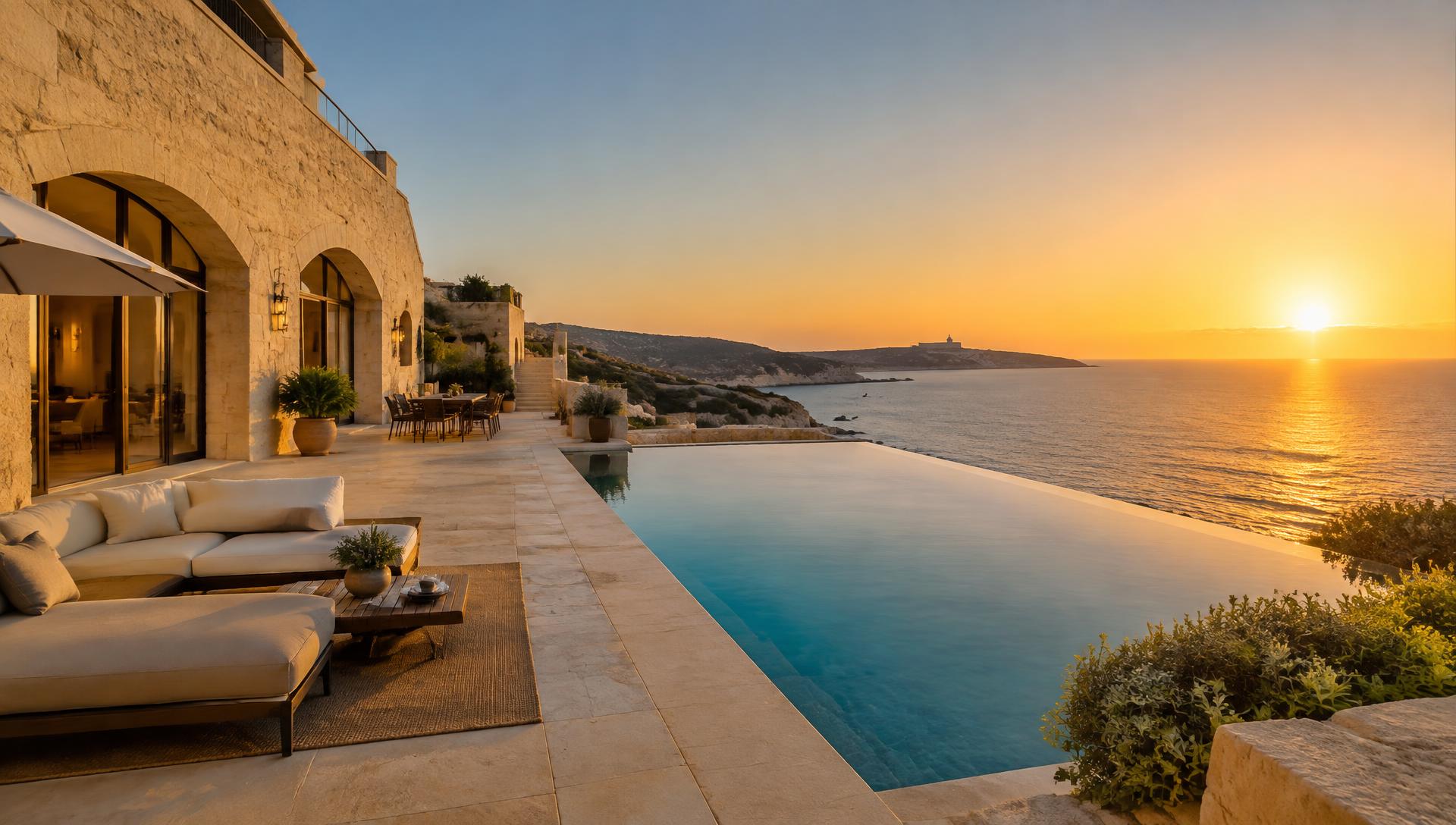 Mediterranean villa terrace overlooking the sea at sunset